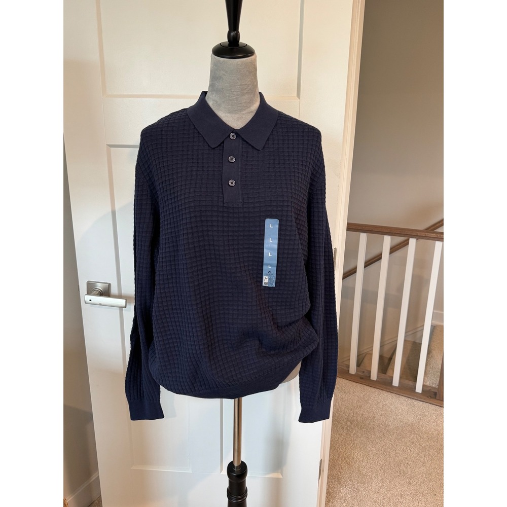 Primark Mens Navy Blue Waffle Knit Long Sleeve Polo Shirt Size Large NWT